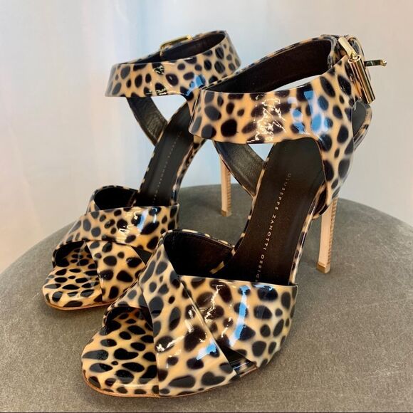 Giuseppe Zanotti Leopard cheetah animal print patent high heel sandals Sz 38.5 - Picture 4 of 13